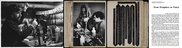 images strip with scenes of Stan Brakhage editing films, plus Metapahors on Vision book first page - click to enlarge in separate window