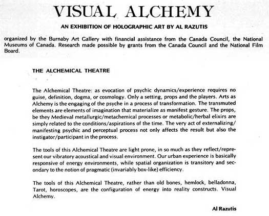 Burnaby Art Gallery catalog page for Visual Alchemy exhibition 1977 with text by Razutis on The Alchemical Theatre he was intending with his work.