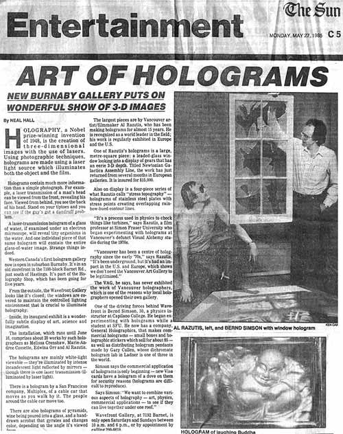 Revue of exhibition Wavefront Gallery 1984 - Art of Holography by Neal Hall - Vancouver Sun - click to enlarge
