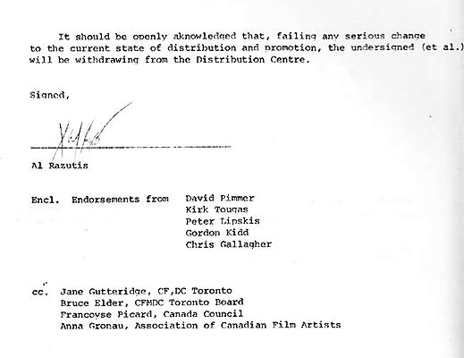click to enlarge letter  by Al Razutis to  Canadian Filmmakers Distribution Centre Toronto 1981 last pg