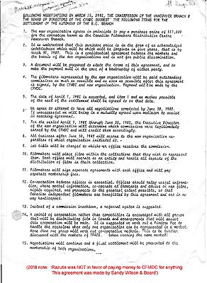 click to enlarge Separation Agreement between   Canadian Filmmakers Distribution Centre Toronto and BC Branch (CFDW) 1981-82