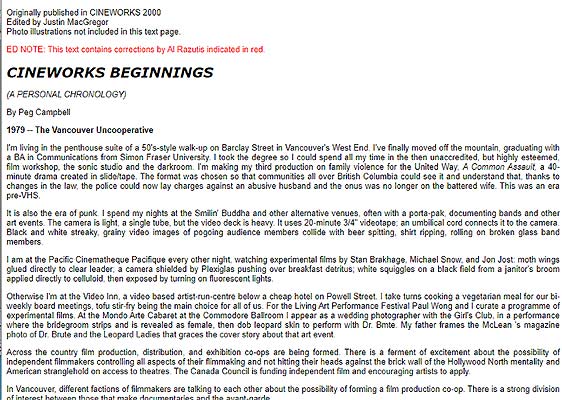 click to enlarge essay Cineworks Beginnings by Peg Campbell  2000