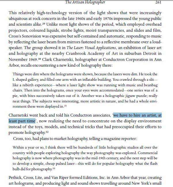 Scientist holographer Clark Charnetski at Conductron recommends hiring artists - Holographic Visions by Sean Johnston p. 261