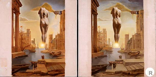 Stereo paintings side by side, photo of 'Dalí's hand drawing back the Golden Fleece in the form of a cloud to show Gala, completely nude, the dawn, very, very far away behind the sun , 1977-78' by Salvador Dali  - click to enlarge
