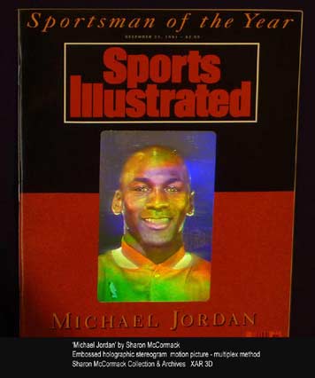 click/enlarge - Michael Jordan Embossed Multiplex  Stereogram - Hologram by Sharon McCormack - photo by Al Razutis