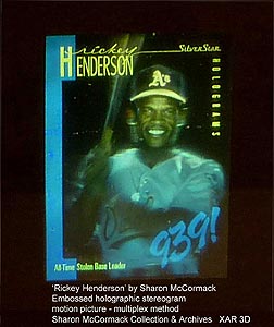 click/enlarge - Rickey Henderson Embossed Multiplex  Holographic Stereogram 'by Sharon McCormack - photo by Al Razutis