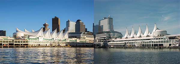 Eberhard Zeidler's (Order of Canada
Order of Ontario), architecture of  Vancouver Harbour Canada Place with distinctive sails