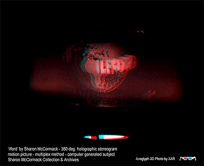 click/enlarge - Anaglyph 3D photo of 'Ilford' 360 degree computer generated hologram in multiplex by Sharon McCormack 