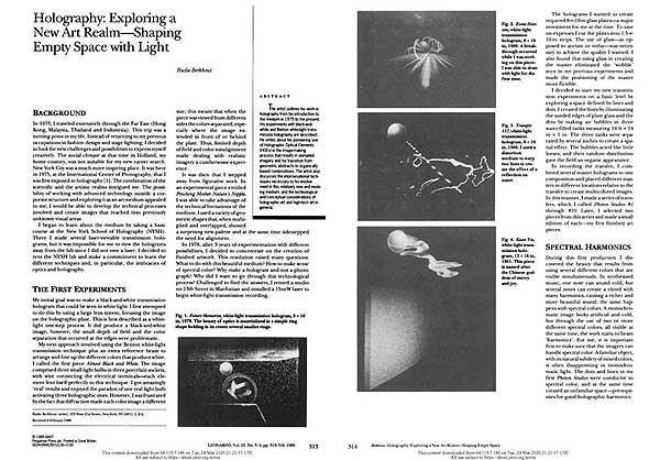 click to enlarge - Rudie Berkhout  essay Exploring a New Art Realm: Shaping Empty Space with Light for 1989 issue of Leonardo