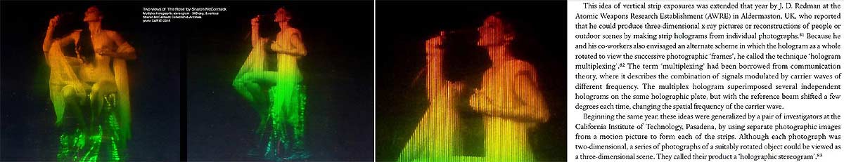 Left, close ups of multiplex holograms showing vertical lines and right the definition by inventors of multiplex hologram as stereogram - click enlarge