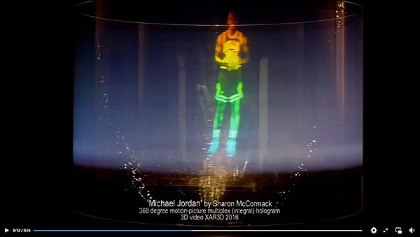 Hologram of Michael Jordan with basketball by Sharon McCormack 360 degree motion picture hologram multiplex video by Al Razutis