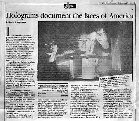 click/enlarge - Los Angeles Herald Examiner 1984 story on Sharon McCormack holography