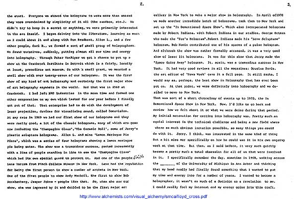 Lloyd Cross memoirs page 2 -3 on exhibitions of holographic art 1969 and 1970 Finch Museum