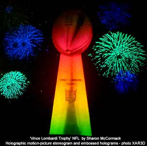 click/enlarge - NFL Trophy -  Embossed Multiplex  Stereogram - Hologram by Sharon McCormack -  photo by Al Razutis