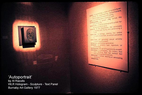 AUTOPORTRAIT- 1974/Razutis photo of installation view with text panel at Burnaby Art Gallery 1977