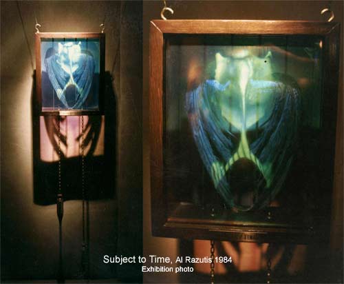 SUBJECT TO TIME - 1984 - Al Razutis hologram sculpture - installation view -  click to enlarge