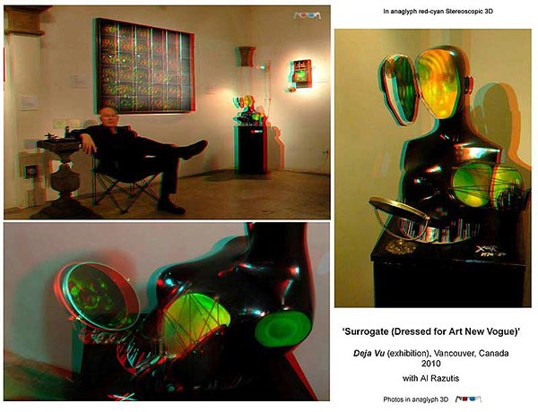 STEREOSCOPIC ANAGLYPH 3D of  - Surrogate Dressed for Art New Vogue  and  Al Razutis on exhibit at Deja Vu exhibition, Vancouver, 2010
