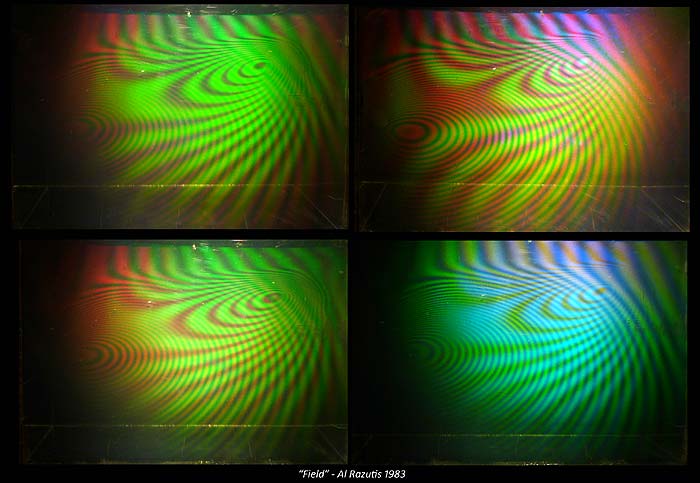 'FIELD' installation shot - glass cube installation  - Hologram-Interferogram - Al Razutis 1983
