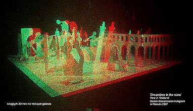 Dreamtime in the ruins - master transmission hologram by Al Razutis   2007 in anaglyph 3D