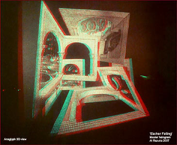 Escher Falling - master hologram - Al Razutis 2007 - click/enlarge in anaglyph 3D