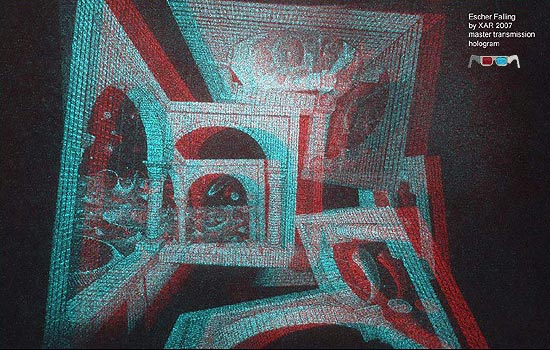 Escher Falling - master hologram - Al Razutis 2007 - click/enlarge in anaglyph 3D