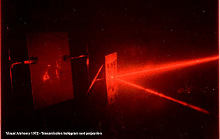 click / enlarge first hologram by Al Razutis 4x5 inch  laser transmission  with projected image 1972