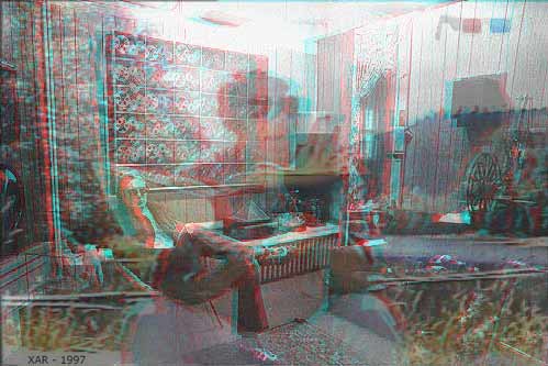 Use ANAGLYPH red blue glasses for scene in 3D - click for Detailed History of Holography - Visual Alchemy - Al Razutis
