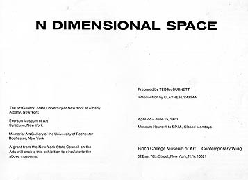 Credits page of N Dimensional Space exhibit catalog Finch College Museum of Art 1970 -- click to enlarge
