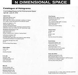 List of holograms in N Dimensional Space exhibit catalog Finch College Museum of Art 1970 -- click to enlarge