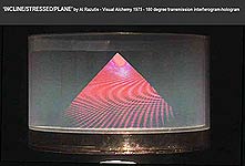 click/enlarge - Incline / Stressed / Plane interferometric hologram by Al Razutis 1975, Visual Alchemy, virtual projected image is congugate of real projected image