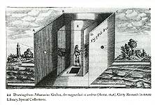 click/enlarge to page - Kircher's medieval drawing of camera obscura suggesting vrml virtual reality cave environment, the latter coming much later.