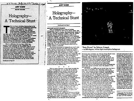 NY Times art critic Hilton Kramer reviews the show Holography 75 - The First Decade unfavorably  - click to DOWNLOAD PDF