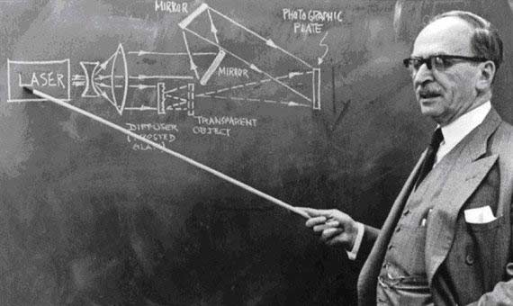 Dr. Dennis Gabor pictured with blackboard diagram of laser transmission hologram recording process - click for Nobel Lecture pdf