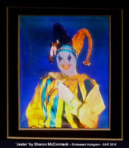 click/enlarge - Embossed Multiplex Stereogram - Hologram 'Jester' by Sharon McCormack - photo by Al Razutis